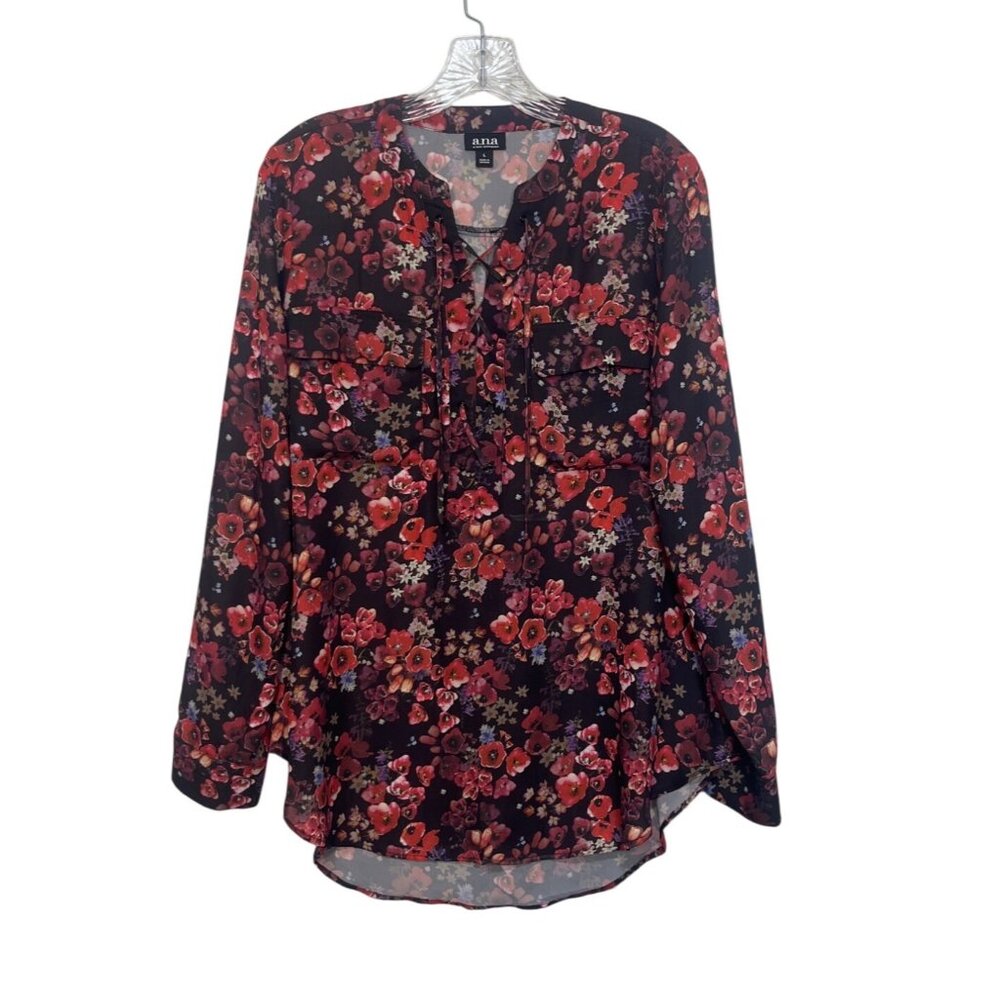 ANA Long Sleeve Blouse Womens‎ Large Floral Print Black Red